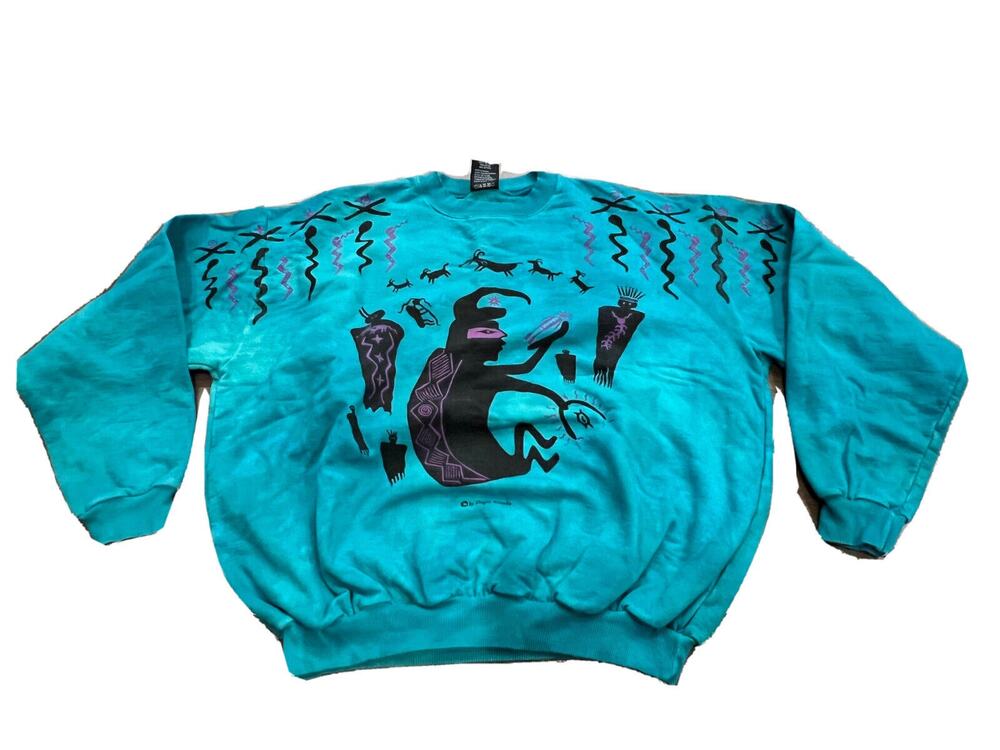 Vtg 90s Dagoli Mens Blue Pullover Tribal Goats Tie Dye Pullover Sweatshirt L